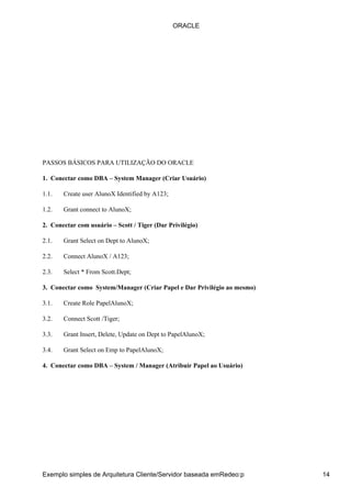 PASSOS BÁSICOS PARA UTILIZAÇÃO DO ORACLE
1. Conectar como DBA – System Manager (Criar Usuário)
1.1. Create user AlunoX Identified by A123;
1.2. Grant connect to AlunoX;
2. Conectar com usuário – Scott / Tiger (Dar Privilégio)
2.1. Grant Select on Dept to AlunoX;
2.2. Connect AlunoX / A123;
2.3. Select * From Scott.Dept;
3. Conectar como System/Manager (Criar Papel e Dar Privilégio ao mesmo)
3.1. Create Role PapelAlunoX;
3.2. Connect Scott /Tiger;
3.3. Grant Insert, Delete, Update on Dept to PapelAlunoX;
3.4. Grant Select on Emp to PapelAlunoX;
4. Conectar como DBA – System / Manager (Atribuir Papel ao Usuário)
ORACLE
Exemplo simples de Arquitetura Cliente/Servidor baseada emRedeo:p 14
 