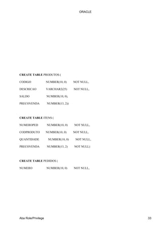 CREATE TABLE PRODUTOS (
CODIGO NUMBER(10, 0) NOT NULL,
DESCRICAO VARCHAR2(25) NOT NULL,
SALDO NUMBER(10, 0),
PRECOVENDA NUMBER(13, 2))
CREATE TABLE ITENS (
NUMEROPED NUMBER(10, 0) NOT NULL,
CODPRODUTO NUMBER(10, 0) NOT NULL,
QUANTIDADE NUMBER(10, 0) NOT NULL,
PRECOVENDA NUMBER(13, 2) NOT NULL)
CREATE TABLE PEDIDOS (
NUMERO NUMBER(10, 0) NOT NULL,
ORACLE
Aba Role/Privilege 33
 