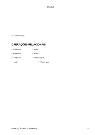 ** Exponenciação
OPERAÇÕES RELACIONAIS
< > Diferente > Maior
^ = Diferente < Menor
! = Diferente > = Maior Igual
= Igual < = Menor Igual
ORACLE
OPERAÇÕES RELACIONAISo:p 71
 