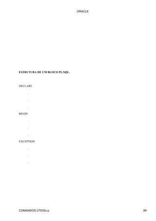 ESTRUTURA DE UM BLOCO PL/SQL.
DECLARE
.
.
.
BEGIN
.
.
.
EXCEPTION
.
.
.
ORACLE
COMANDOS ÚTEISo:p 89
 