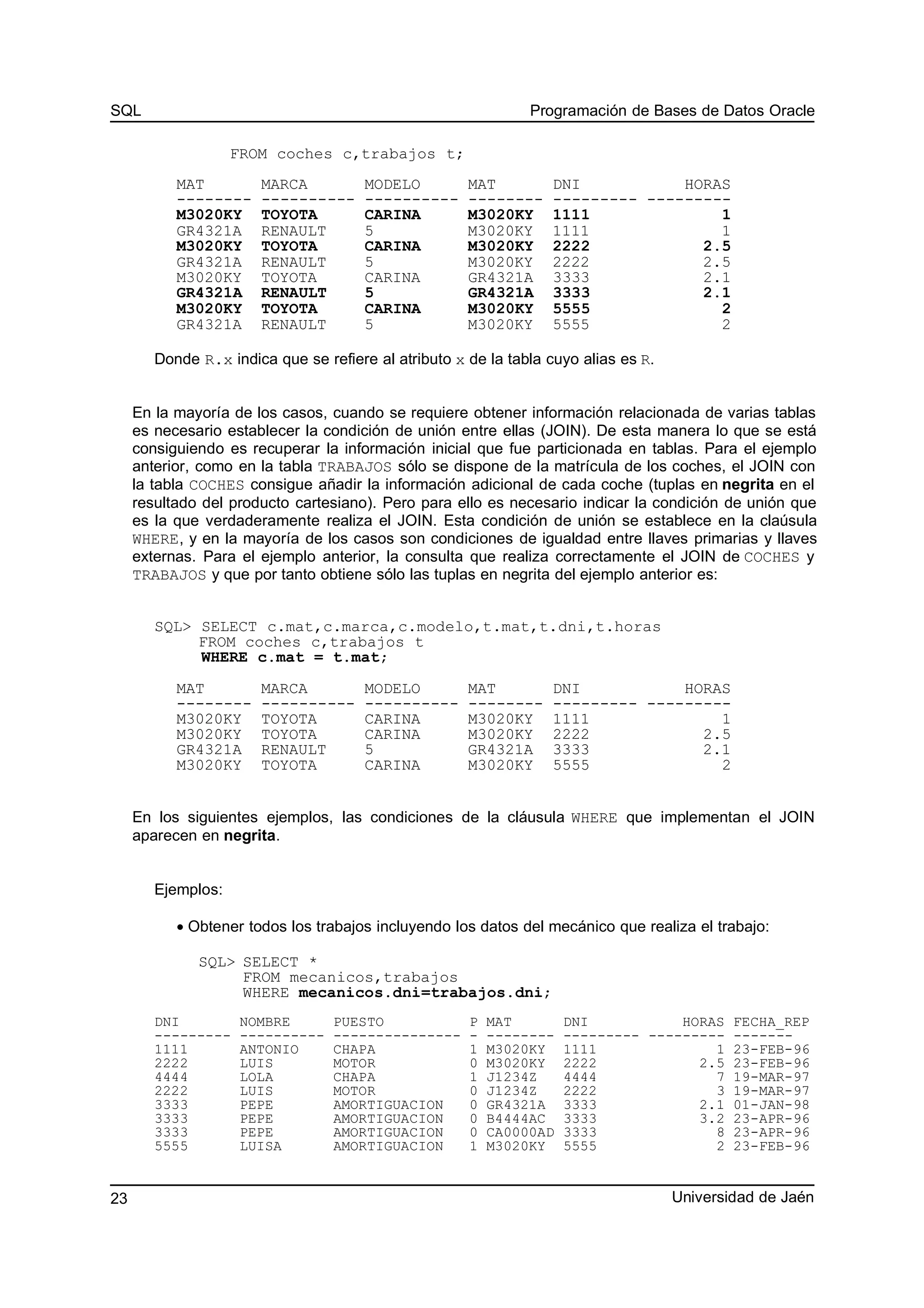 SQL Programación de Bases de Datos Oracle
FROM coches c,trabajos t;
MAT MARCA MODELO MAT DNI HORAS
-------- ---------- ---------- -------- --------- ---------
M3020KY TOYOTA CARINA M3020KY 1111 1
GR4321A RENAULT 5 M3020KY 1111 1
M3020KY TOYOTA CARINA M3020KY 2222 2.5
GR4321A RENAULT 5 M3020KY 2222 2.5
M3020KY TOYOTA CARINA GR4321A 3333 2.1
GR4321A RENAULT 5 GR4321A 3333 2.1
M3020KY TOYOTA CARINA M3020KY 5555 2
GR4321A RENAULT 5 M3020KY 5555 2
Donde R.x indica que se refiere al atributo x de la tabla cuyo alias es R.
En la mayoría de los casos, cuando se requiere obtener información relacionada de varias tablas
es necesario establecer la condición de unión entre ellas (JOIN). De esta manera lo que se está
consiguiendo es recuperar la información inicial que fue particionada en tablas. Para el ejemplo
anterior, como en la tabla TRABAJOS sólo se dispone de la matrícula de los coches, el JOIN con
la tabla COCHES consigue añadir la información adicional de cada coche (tuplas en negrita en el
resultado del producto cartesiano). Pero para ello es necesario indicar la condición de unión que
es la que verdaderamente realiza el JOIN. Esta condición de unión se establece en la claúsula
WHERE, y en la mayoría de los casos son condiciones de igualdad entre llaves primarias y llaves
externas. Para el ejemplo anterior, la consulta que realiza correctamente el JOIN de COCHES y
TRABAJOS y que por tanto obtiene sólo las tuplas en negrita del ejemplo anterior es:
SQL> SELECT c.mat,c.marca,c.modelo,t.mat,t.dni,t.horas
FROM coches c,trabajos t
WHERE c.mat = t.mat;
MAT MARCA MODELO MAT DNI HORAS
-------- ---------- ---------- -------- --------- ---------
M3020KY TOYOTA CARINA M3020KY 1111 1
M3020KY TOYOTA CARINA M3020KY 2222 2.5
GR4321A RENAULT 5 GR4321A 3333 2.1
M3020KY TOYOTA CARINA M3020KY 5555 2
En los siguientes ejemplos, las condiciones de la cláusula WHERE que implementan el JOIN
aparecen en negrita.
Ejemplos:
• Obtener todos los trabajos incluyendo los datos del mecánico que realiza el trabajo:
SQL> SELECT *
FROM mecanicos,trabajos
WHERE mecanicos.dni=trabajos.dni;
DNI NOMBRE PUESTO P MAT DNI HORAS FECHA_REP
--------- ---------- --------------- - -------- --------- --------- -------
1111 ANTONIO CHAPA 1 M3020KY 1111 1 23-FEB-96
2222 LUIS MOTOR 0 M3020KY 2222 2.5 23-FEB-96
4444 LOLA CHAPA 1 J1234Z 4444 7 19-MAR-97
2222 LUIS MOTOR 0 J1234Z 2222 3 19-MAR-97
3333 PEPE AMORTIGUACION 0 GR4321A 3333 2.1 01-JAN-98
3333 PEPE AMORTIGUACION 0 B4444AC 3333 3.2 23-APR-96
3333 PEPE AMORTIGUACION 0 CA0000AD 3333 8 23-APR-96
5555 LUISA AMORTIGUACION 1 M3020KY 5555 2 23-FEB-96
Universidad de Jaén23
 