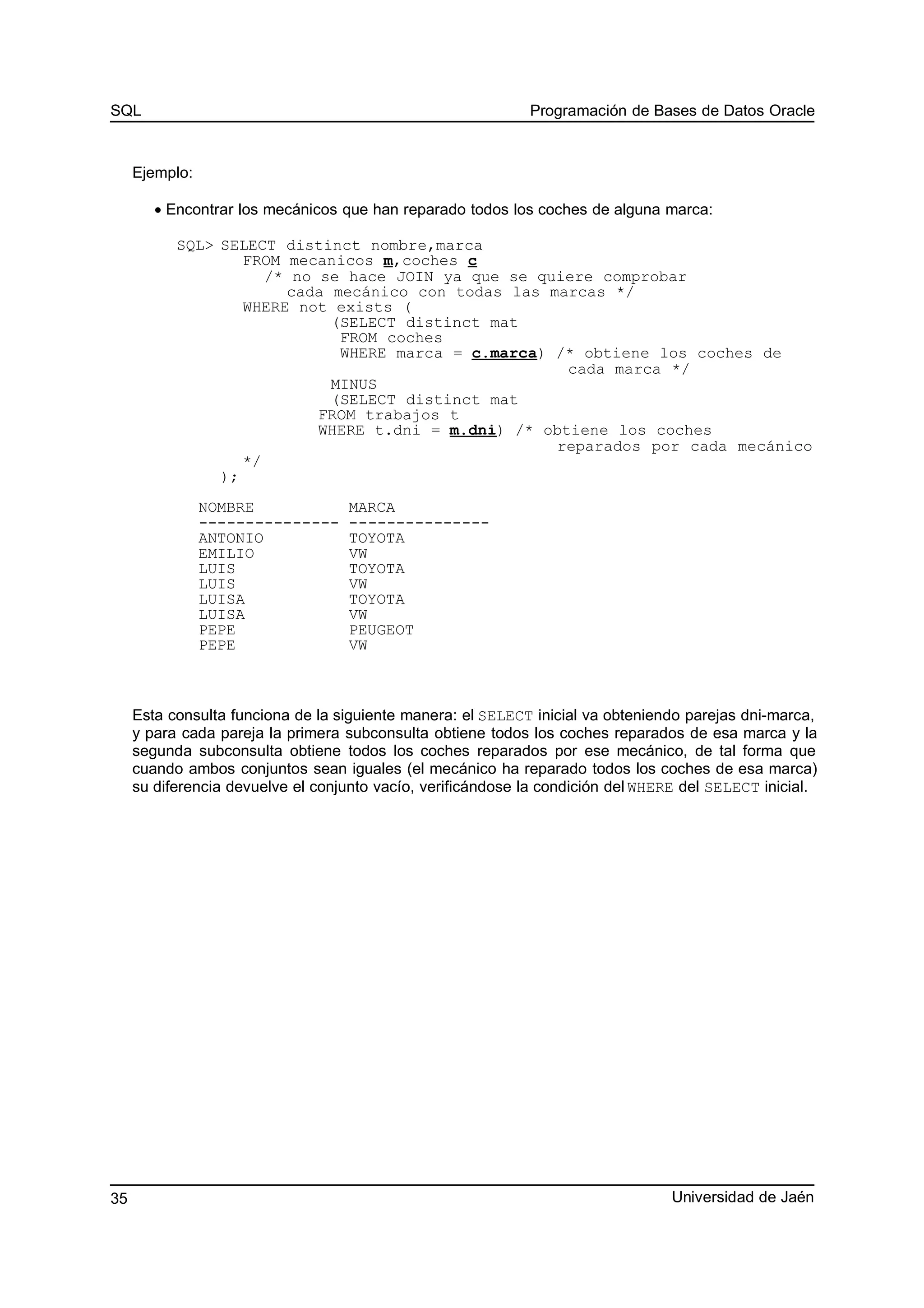 SQL Programación de Bases de Datos Oracle
Ejemplo:
• Encontrar los mecánicos que han reparado todos los coches de alguna marca:
SQL> SELECT distinct nombre,marca
FROM mecanicos m,coches c
/* no se hace JOIN ya que se quiere comprobar
cada mecánico con todas las marcas */
WHERE not exists (
(SELECT distinct mat
FROM coches
WHERE marca = c.marca) /* obtiene los coches de
cada marca */
MINUS
(SELECT distinct mat
FROM trabajos t
WHERE t.dni = m.dni) /* obtiene los coches
reparados por cada mecánico
*/
);
NOMBRE MARCA
--------------- ---------------
ANTONIO TOYOTA
EMILIO VW
LUIS TOYOTA
LUIS VW
LUISA TOYOTA
LUISA VW
PEPE PEUGEOT
PEPE VW
Esta consulta funciona de la siguiente manera: el SELECT inicial va obteniendo parejas dni-marca,
y para cada pareja la primera subconsulta obtiene todos los coches reparados de esa marca y la
segunda subconsulta obtiene todos los coches reparados por ese mecánico, de tal forma que
cuando ambos conjuntos sean iguales (el mecánico ha reparado todos los coches de esa marca)
su diferencia devuelve el conjunto vacío, verificándose la condición del WHERE del SELECT inicial.
Universidad de Jaén35
 
