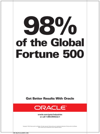 98%
    of the Global
   Fortune 500


                        Get Better Results With Oracle



                                                        oracle.com/goto/industries
                                                          or call 1.800.ORACLE.1



                 Copyright © 2010, Oracle and/or its affiliates. All rights reserved. Oracle and Java are registered trademarks of Oracle and/or its affiliates.
                                                         Other names may be trademarks of their respective owners.




IND_98pctFortune500Fct_2396
 