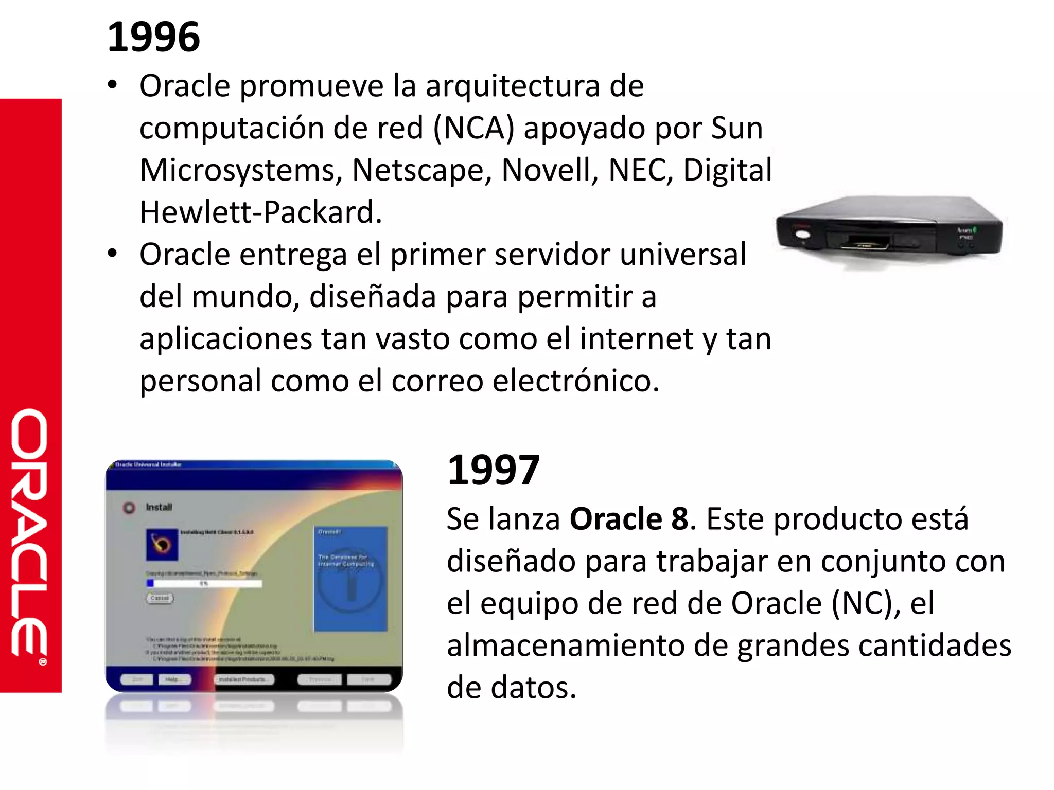 1996 
• Oracle promueve la arquitectura de 
computación de red (NCA) apoyado por Sun 
Microsystems, Netscape, Novell, NEC, Digital, 
Hewlett-Packard. 
• Oracle entrega el primer servidor universal 
del mundo, diseñada para permitir a 
aplicaciones tan vasto como el internet y tan 
personal como el correo electrónico. 
1997 
Se lanza Oracle 8. Este producto está 
diseñado para trabajar en conjunto con 
el equipo de red de Oracle (NC), el 
almacenamiento de grandes cantidades 
de datos. 
 