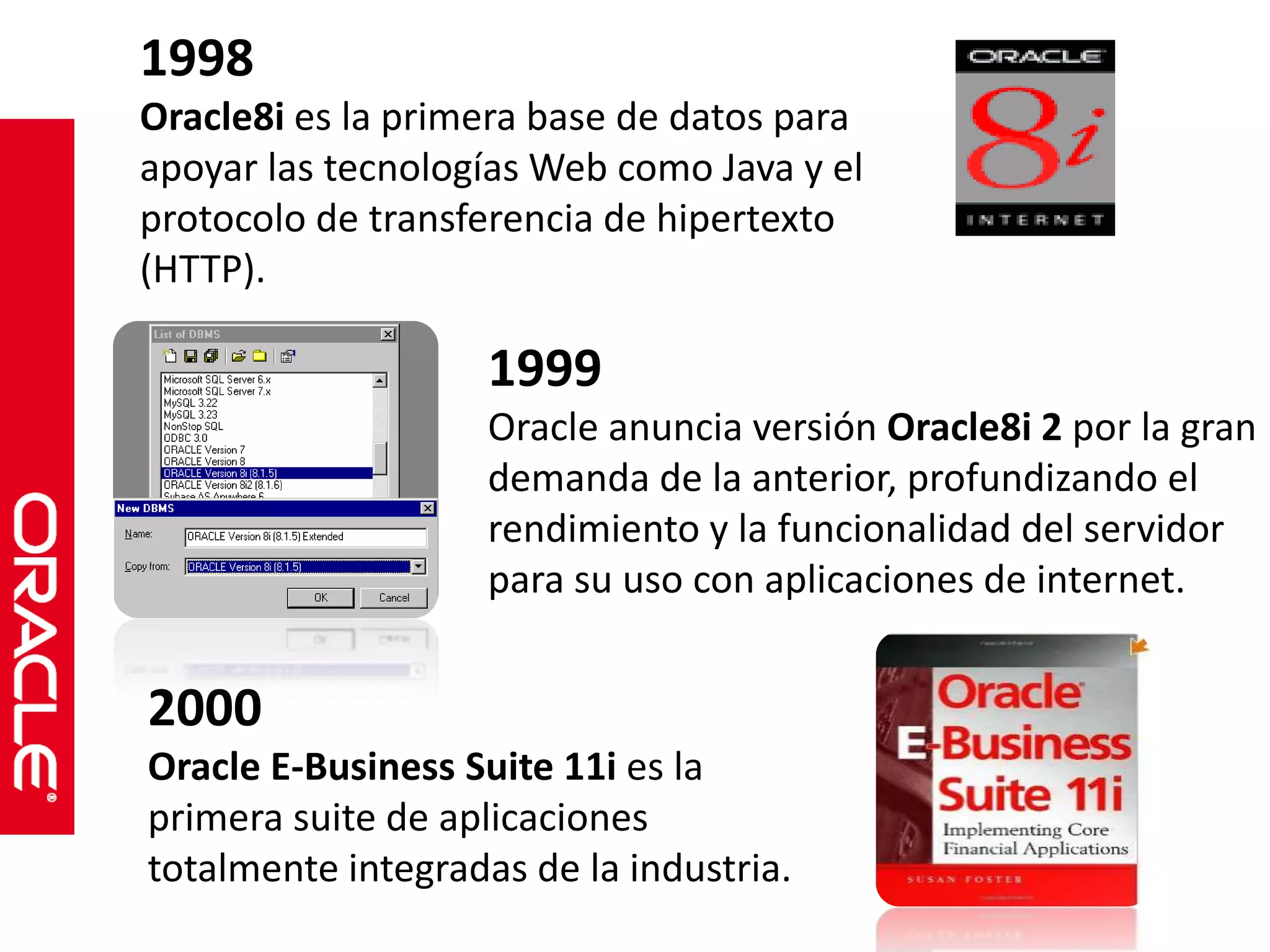 1998 
Oracle8i es la primera base de datos para 
apoyar las tecnologías Web como Java y el 
protocolo de transferencia de hipertexto 
(HTTP). 
1999 
Oracle anuncia versión Oracle8i 2 por la gran 
demanda de la anterior, profundizando el 
rendimiento y la funcionalidad del servidor 
para su uso con aplicaciones de internet. 
2000 
Oracle E-Business Suite 11i es la 
primera suite de aplicaciones 
totalmente integradas de la industria. 
 