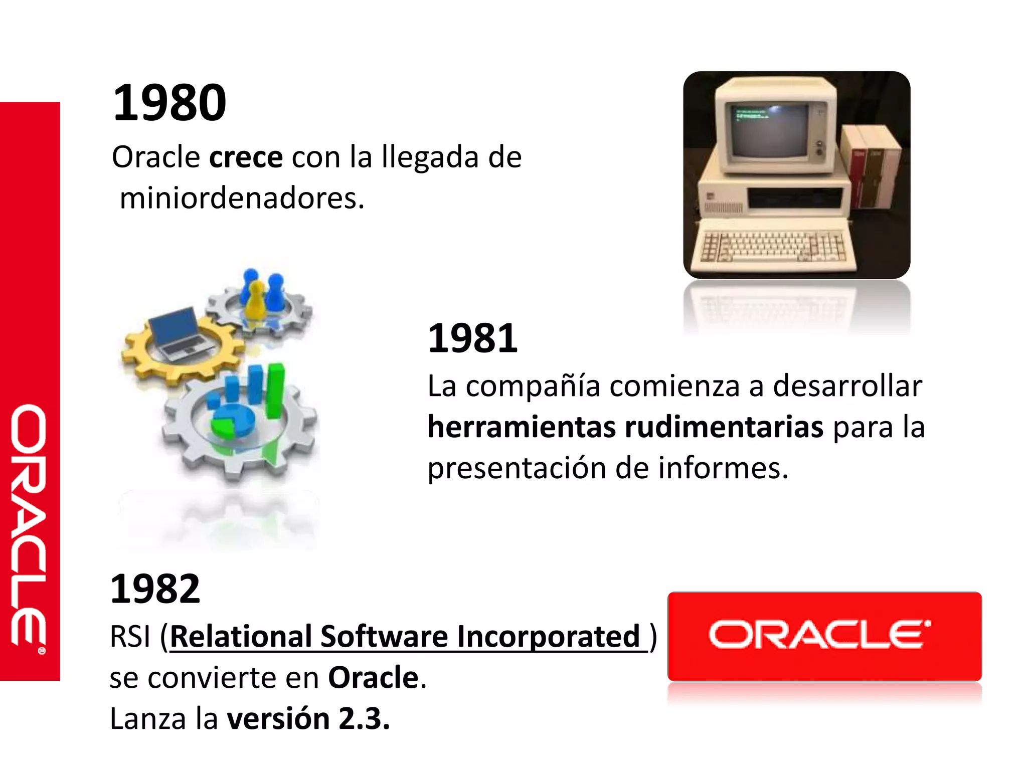 1980 
Oracle crece con la llegada de 
miniordenadores. 
1981 
La compañía comienza a desarrollar 
herramientas rudimentarias para la 
presentación de informes. 
1982 
RSI (Relational Software Incorporated ) 
se convierte en Oracle. 
Lanza la versión 2.3. 
 