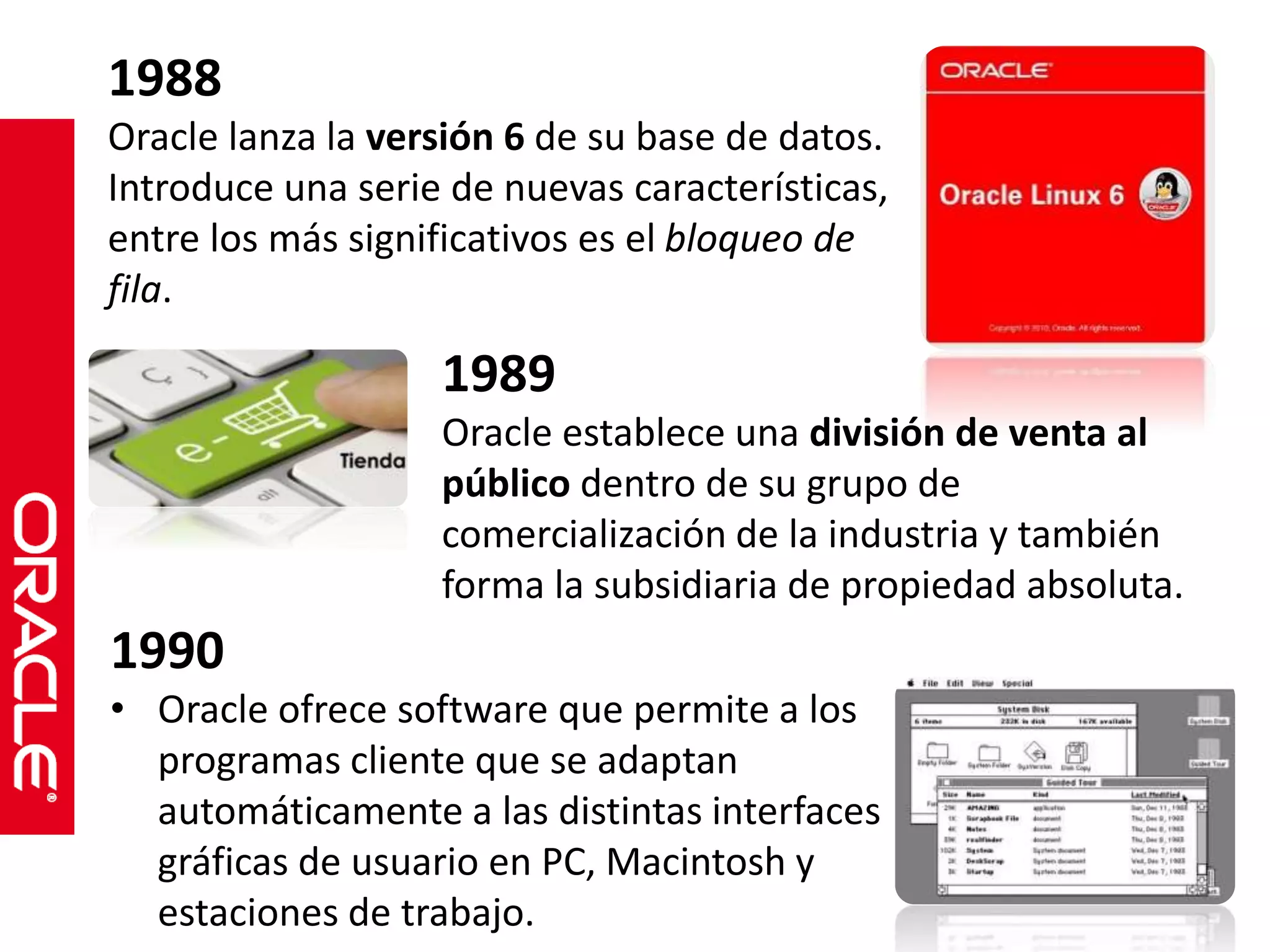 1988 
Oracle lanza la versión 6 de su base de datos. 
Introduce una serie de nuevas características, 
entre los más significativos es el bloqueo de 
fila. 
1989 
Oracle establece una división de venta al 
público dentro de su grupo de 
comercialización de la industria y también 
forma la subsidiaria de propiedad absoluta. 
1990 
• Oracle ofrece software que permite a los 
programas cliente que se adaptan 
automáticamente a las distintas interfaces 
gráficas de usuario en PC, Macintosh y 
estaciones de trabajo. 
 