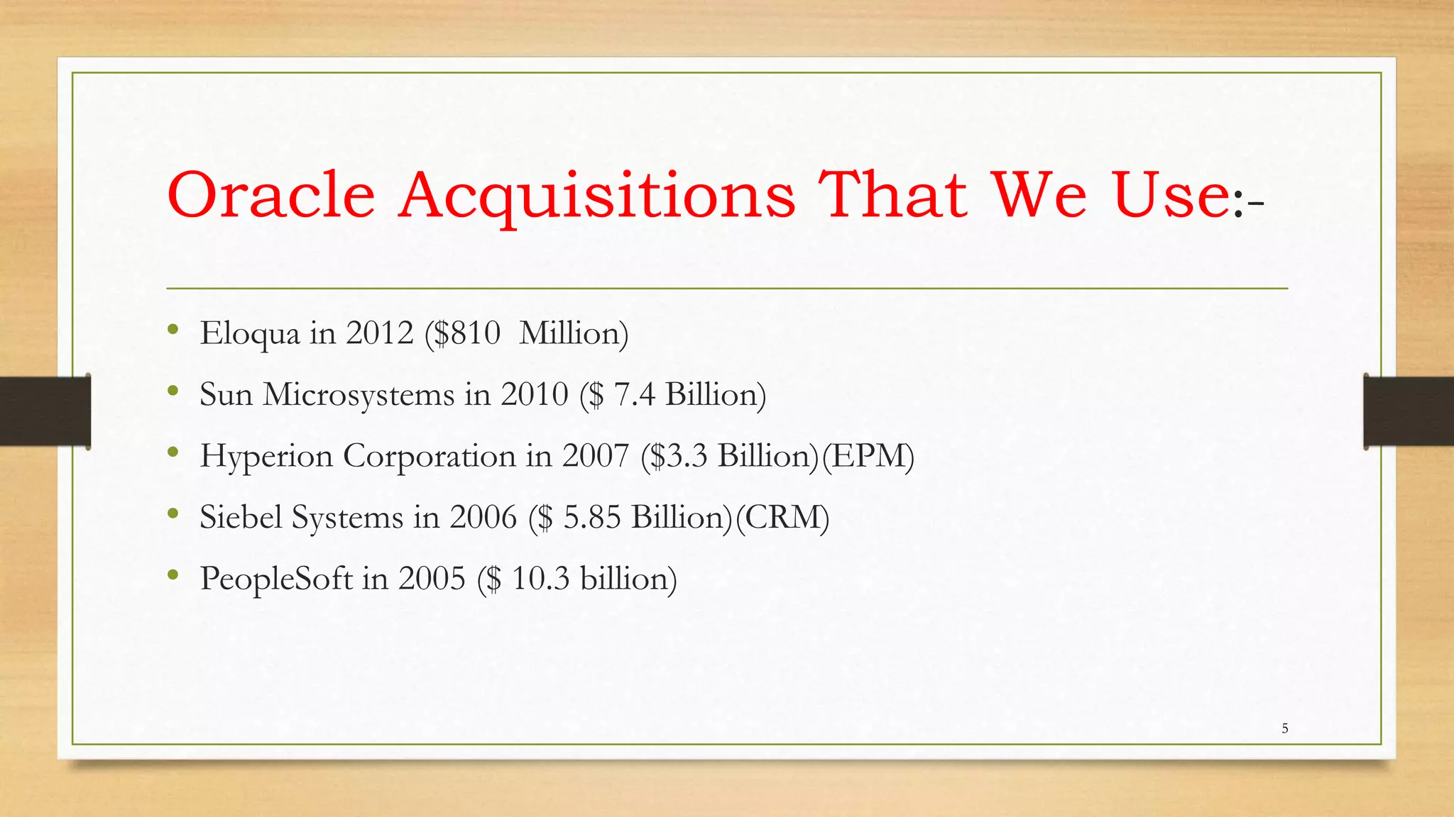 Oracle Acquisitions That We Use:-
• Eloqua in 2012 ($810 Million)
• Sun Microsystems in 2010 ($ 7.4 Billion)
• Hyperion Corporation in 2007 ($3.3 Billion)(EPM)
• Siebel Systems in 2006 ($ 5.85 Billion)(CRM)
• PeopleSoft in 2005 ($ 10.3 billion)
5