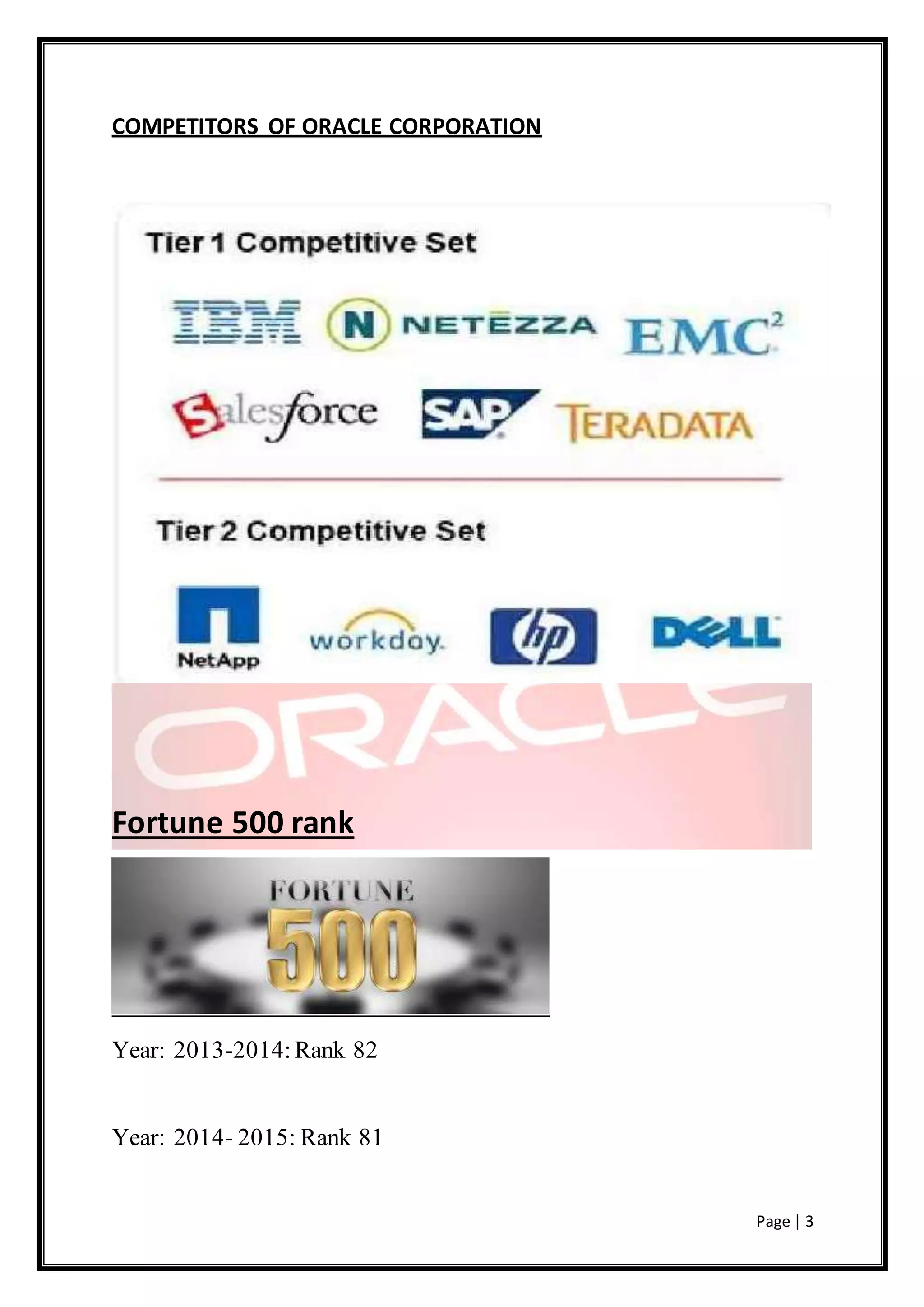 Page | 3
COMPETITORS OF ORACLE CORPORATION
Fortune 500 rank
Year: 2013-2014:Rank 82
Year: 2014- 2015: Rank 81
 