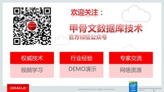 Copyright © 2016, Oracle and/or its affiliates. All rights reserved. |
Oracle Engineered Systems powered by
Intel Xeon
3
权威技术 行业经验 与家交流
视频学习 DEMO演示 网络资源
 