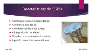 Características do SGBD
Fatec Jales 09/03/2016
 A definição e a manipulação dados;
 A coerência dos dados;
 A confidencialidade dos dados;
 A integralidade dos dados;
 O backup e a restauração dos dados;
 A gestão dos acessos competitivos.
 