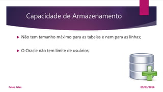 Capacidade de Armazenamento
 Não tem tamanho máximo para as tabelas e nem para as linhas;
 O Oracle não tem limite de usuários;
09/03/2016Fatec Jales
 