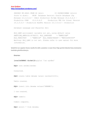 Anar Godjaev
http://anargodjaev.wordpress.com/
PROCESS VM AVAIL FROM OS (min):
1G CACHESIZEMAX (strict
force to disk):
881M Database Version: Oracle Database 10g
Release 10.2.0.4.0 - 64bit Production PL/SQL Release 10.2.0.4.0 Production CORE
10.2.0.4.0
Production TNS for Linux: Version
10.2.0.4.0 - Production NLSRTL Version 10.2.0.4.0 - Production
Database Language and Character Set:
NLS_LANG environment variable not set, using default value
AMERICAN_AMERICA.US7ASCII. NLS_LANGUAGE
= "AMERICAN"
NLS_TERRITORY
= "AMERICA" NLS_CHARACTERSET = "WE8ISO8859P9"
Warning: NLS_LANG is not set. Please refer to user manual for more
information.
Şimdi bir test yapalım Source tarafta bir tablo yaratalım ve içine biraz bilgi girelim bakalım bunu destination
tarafında görebilecekmiyiz.
Source:
[oracle@ANAR1 dirdat]$sqlplus '/as sysdba'
SQL> conn sender/sender
Connected.
SQL> create table deneme (alan1 varchar2(10));
Table created.
SQL> insert into deneme values('DENEME');
1 row created.
SQL> commit;
Commit complete.
SQL> select * from deneme;

 