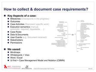 Seite 28Oracle ACM Implementation Best Practices
How to collect & document case requirements?
 Key Aspects of a case:
 Milestones (Checkpoints in the progress)
 Outcomes
 Case Activities (Represent specific work)
 Execution semantics (manual,
automatic, required, repeatable, …)
 Case Rules
 Data & Documents
 User Events (e.g. Document received)
 Stakeholders
 Permissions
 We usesd:
 Mindmaps
 Whiteboards + Visio
 Word / Excel
 UI first + Case Management Model and Notation (CMMN)
 