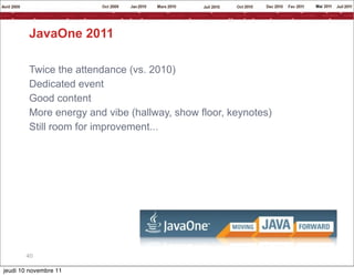 JavaOne 2011

        Twice the attendance (vs. 2010)
        Dedicated event
        Good content
        More energy and vibe (hallway, show floor, keynotes)
        Still room for improvement...




       40

jeudi 10 novembre 11
 