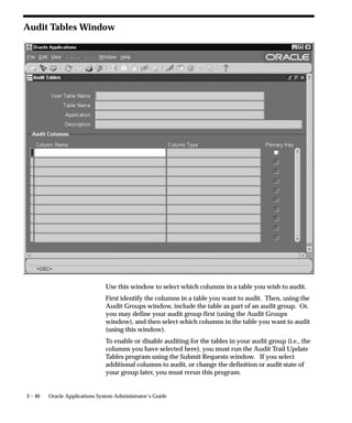 Attention: If the changes to your audited table occur faster
        than one change per second (that is, more frequently than the
        one–second granularity provided by SYSDATE), you may see
        ”blurring” of records –– more than one record per transaction
        –– in the _AC view because of joins used in this view.
        However, the shadow table itself remains correct for your
        transactions, and you can resolve those transactions using the
        shadow table directly.
The _AV1 view provides a more sparse view of the audit data, ordered
by timestamp:


                                           User and Data Auditing   3 – 29
 