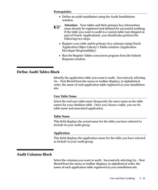 SQL> SELECT TO_CHAR(AUDIT_TIMESTAMP, ’HH24:MI:SS’) TIME,
                                     AUDIT_TRANSACTION_TYPE TYPE, AUDIT_USER_NAME NAME,
                                     PRIMARY_KEY KEY, VALUE_ONE VAL_1, VALUE_TWO VAL_2,
                                     VALUE_THREE VAL_3, AUDIT_TRUE_NULLS
                                     FROM AUDIT_DEMO_AV1;

                                TIME        TYPE   NAME    KEY VAL_1   VAL_2 VAL_3 AUDIT_TRUE_NULLS
                                ––––––––    ––––   –––––– –––– –––––   ––––– ––––– ––––––––––––––––
                                11:08:16    I      FND60     1
                                11:08:40    I      FND60     2
                                11:18:40    U      FND60     1 A
                                11:20:12    U      FND60     1         A
                                11:21:54    U      FND60     1               A
                                11:22:15    U      FND60     2 X
                                14:20:50    U      FND60     1 B
                                14:21:15    U      FND60     1                     NYNN
                                17:58:31    C                1 C       B     B
                                17:58:31    C                2 Y       X     X

                                10 rows selected.


                                Here is an example of how you might use a view to determine who
                                changed a particular value and when:
                                SQL> SELECT TO_CHAR(AUDIT_TIMESTAMP, ’HH24:MI:SS’) TIME,
                                     AUDIT_TRANSACTION_TYPE TYPE, AUDIT_USER_NAME NAME
                                     FROM AUDIT_DEMO_AV1
                                     WHERE PRIMARY_KEY = 1
                                     AND VALUE_ONE = ’B’;

                                TIME     TYPE NAME
                                –––––––– –––– ––––––
                                14:20:50 U    FND60


                                Similarly, you might want to determine who changed a value to null
                                and when:




3 – 30   Oracle Applications System Administrator’s Guide
 