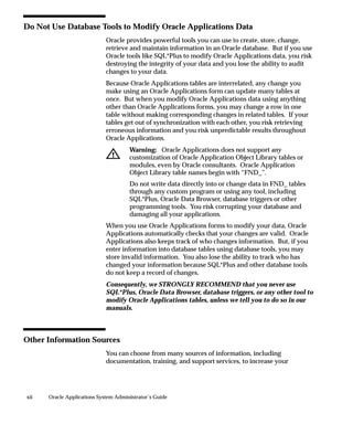 Do Not Use Database Tools to Modify Oracle Applications Data
                             Oracle provides powerful tools you can use to create, store, change,
                             retrieve and maintain information in an Oracle database. But if you use
                             Oracle tools like SQL*Plus to modify Oracle Applications data, you risk
                             destroying the integrity of your data and you lose the ability to audit
                             changes to your data.
                             Because Oracle Applications tables are interrelated, any change you
                             make using an Oracle Applications form can update many tables at
                             once. But when you modify Oracle Applications data using anything
                             other than Oracle Applications forms, you may change a row in one
                             table without making corresponding changes in related tables. If your
                             tables get out of synchronization with each other, you risk retrieving
                             erroneous information and you risk unpredictable results throughout
                             Oracle Applications.
                                      Warning: Oracle Applications does not support any
                                      customization of Oracle Application Object Library tables or
                                      modules, even by Oracle consultants. Oracle Application
                                      Object Library table names begin with “FND_”.
                                      Do not write data directly into or change data in FND_ tables
                                      through any custom program or using any tool, including
                                      SQL*Plus, Oracle Data Browser, database triggers or other
                                      programming tools. You risk corrupting your database and
                                      damaging all your applications.
                             When you use Oracle Applications forms to modify your data, Oracle
                             Applications automatically checks that your changes are valid. Oracle
                             Applications also keeps track of who changes information. But, if you
                             enter information into database tables using database tools, you may
                             store invalid information. You also lose the ability to track who has
                             changed your information because SQL*Plus and other database tools
                             do not keep a record of changes.
                             Consequently, we STRONGLY RECOMMEND that you never use
                             SQL*Plus, Oracle Data Browser, database triggers, or any other tool to
                             modify Oracle Applications tables, unless we tell you to do so in our
                             manuals.



Other Information Sources
                             You can choose from many sources of information, including
                             documentation, training, and support services, to increase your




xii   Oracle Applications System Administrator’s Guide
 