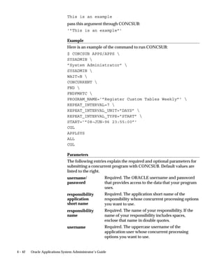 Report Group Responsibilities Report
                                This report lists those responsibilities which have access to a report or a
                                request set. Use this report when granting access privileges to reports
                                and request sets, either by assigning reports and request sets to request
                                security groups, or when assigning owners to a request set.



Report Parameters

                                Application Name
                                Choose the application name associated with the report or request set.



                                Report Name/Request Set Name
                                Either choose the name of a report or request set.




4 – 24   Oracle Applications System Administrator’s Guide
 