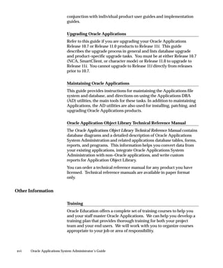 conjunction with individual product user guides and implementation
                              guides.

                              Upgrading Oracle Applications
                              Refer to this guide if you are upgrading your Oracle Applications
                              Release 10.7 or Release 11.0 products to Release 11i. This guide
                              describes the upgrade process in general and lists database upgrade
                              and product–specific upgrade tasks. You must be at either Release 10.7
                              (NCA, SmartClient, or character mode) or Release 11.0 to upgrade to
                              Release 11i. You cannot upgrade to Release 11i directly from releases
                              prior to 10.7.

                              Maintaining Oracle Applications
                              This guide provides instructions for maintaining the Applications file
                              system and database, and directions on using the Applications DBA
                              (AD) utilities, the main tools for these tasks. In addition to maintaining
                              Applications, the AD utilities are also used for installing, patching, and
                              upgrading Oracle Applications products.

                              Oracle Application Object Library Technical Reference Manual
                              The Oracle Applications Object Library Technical Reference Manual contains
                              database diagrams and a detailed description of Oracle Applications
                              System Administration and related applications database tables, forms,
                              reports, and programs. This information helps you convert data from
                              your existing applications, integrate Oracle Applications System
                              Administration with non–Oracle applications, and write custom
                              reports for Application Object Library.
                              You can order a technical reference manual for any product you have
                              licensed. Technical reference manuals are available in paper format
                              only.


Other Information

                              Training
                              Oracle Education offers a complete set of training courses to help you
                              and your staff master Oracle Applications. We can help you develop a
                              training plan that provides thorough training for both your project
                              team and your end users. We will work with you to organize courses
                              appropriate to your job or area of responsibility.



xvi    Oracle Applications System Administrator’s Guide
 