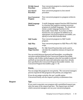 quotation marks and single quotation marks. You
                   can also specify just the date:
                   ’DD–MON–RR’
                   or
                   ’DD–MON–RRRR’
START              Optional. A start date and time for your program
                   in this format:
                   ’”DD–MON–RR HH24:MI:SS”’
                   (as in ’”07–APR–02 18:32:05”’)
                   Because this date format includes a space, you
                   must enclose the date in double quotation marks
                   and single quotation marks. If you do not specify a
                   start time, your program submits immediately and
                   is processed by the next available concurrent
                   manager. The default value is the current time.
IMPLICIT           Optional. Whether to show this concurrent request
                   on the View Requests form. Specify NO, YES,
                   ERROR or WARNING. The value IMPLICIT=NO
                   allows the request to appear on the View Request
                   form. The default value is NO.
                   The value IMPLICIT=YES means that only the
                   System Administrator’s privileged View
                   Concurrent Requests form displays this request.
                   Use this value if the request is not interesting to the
                   user.
                   Specify IMPLICIT=ERROR or
                   IMPLICIT=WARNING, respectively, if you want
                   the request to appear only if it fails or completes
                   with warnings.
REPEAT_DAYS        Optional. The number of days after which to repeat
                   the concurrent request, calculated from the last
                   requested start date. The number can be a positive
                   integer or real number. For example,
                   REPEAT_DAYS=1.5 resubmits your request every
                   36 hours.

 