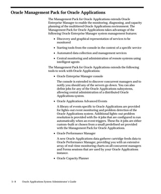 Only immediate programs or spawned programs using the Unified C
                                API use the subroutine field.
                                We recommend against defining new immediate concurrent programs,
                                and suggest you use either a PL/SQL Stored Procedure or a Spawned
                                C Program instead.

                                Stage Function Parameters
                                The Stage Function Parameters button opens a window that allows you
                                to enter parameters for the Request Set Stage Function. This button is
                                only enabled when you select Request Set Stage Function as your
                                Execution Method.



Stage Function Parameters Window




                                List the Parameters that your custom Stage Function uses.

                                Parameter
                                Enter a name for the Parameter. This name will be displayed in the
                                Stage Functions Parameter window of the Request Set form.


4 – 64   Oracle Applications System Administrator’s Guide
 