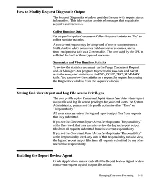 Concurrent Programs Block
                    The combination of application name plus program name uniquely
                    identifies your concurrent program.

                    Program
                    You see this longer, more descriptive name when you view your
                    requests in the Requests window. If this concurrent program runs
                    through Standard Request Submission, you see this name in the Submit
                    Requests window when you run this program.

                    Short Name
                    Enter a brief name that Oracle Applications can use to associate your
                    concurrent program with a concurrent program executable.

                    Application
                    The program’s application determines what ORACLE username your
                    program runs in and where to place the log and output files.

                    Enabled
                    Indicate whether users should be able to submit requests to run this
                    program and the concurrent managers should be able to run your
                    program.
                    Disabled programs do not show up in users’ lists, and do not appear in
                    any concurrent manager queues. You cannot delete a concurrent
                    program because its information helps to provide an audit trail.

Executable          Executable: Name
                    Select the concurrent program executable that can run your program.
                    You define the executable using the Concurrent Program Executables
                    window. You can define multiple concurrent programs using the same
                    concurrent program executable. See: Concurrent Program Executables:
                    page 4 – 61.

                    Executable: Options
                    Some execution methods, such as Oracle Reports, support additional
                    execution options or parameters. You can enter such options in this
                    field. The syntax varies depending on the execution method.
                    If you define a concurrent program with the bitmapped version of
                    Oracle Reports, you can control the orientation of the bitmapped report


                                              Managing Concurrent Programs and Reports   4 – 67
 