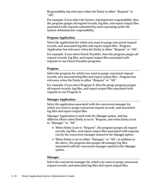 Attention: If you are using a value set of dates, this value set
                          should have a format type of either Standard Date or Standard
                          DateTime if you are using the Multilingual Request feature.

                  Default Type
                  If you want to set a default value for this parameter, identify the type of
                  value you need.
                  Valid types include:
                  Constant               The default value can be any literal value.


                                               Managing Concurrent Programs and Reports   4 – 77
 