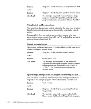 Managing Concurrent Processing Files and Tables
                               This section explains how to maintain the number of log and output
                               files the operating system retains, and how to manage Application
                               Object Library database tables that store information about concurrent
                               requests and concurrent manager processes.
                               The database tables that are affected by running the Purge Concurrent
                               Request and/or Manager Data program are:


                               FND_CONCURRENT_REQUESTS
                               This table contains a complete history of all concurrent requests.


                               FND_RUN_REQUESTS
                               When a user submits a report set, this table stores information about
                               the reports in the report set and the parameter values for each report.


                               FND_CONC_REQUEST_ARGUMENTS
                               This table records arguments passed by the concurrent manager to each
                               program it starts running.


                               FND_DUAL
                               This table records when requests do not update database tables.


                               FND_CONCURRENT_PROCESSES
                               This table records information about Oracle Applications and operating
                               system processes.


                               FND_CONC_STAT_LIST
                               This table collects runtime performance statistics for concurrent
                               requests.


                               FND_CONC_STAT_SUMMARY
                               This table contains the concurrent program performance statistics
                               generated by the Purge Concurrent Request and/or Manager Data
                               program. The Purge Concurrent Request and/or Manager Data
                               program uses the data in FND_CONC_STAT_LIST to compute these
                               statistics.


5– 20   Oracle Applications System Administrator’s Guide
 