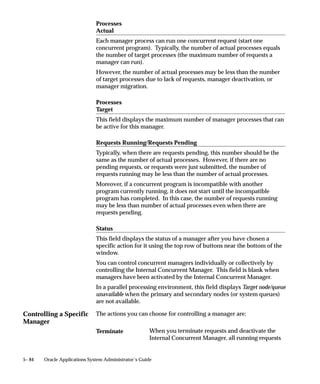 Include                 Program – Oracle Payables, No entry for Name field.
                               AND
                               Include                 Program – Oracle Payables Confirm Receipt Batch
                               Net Result              The manager only reads requests to run a single
                                                       program, Confirm Receipt Batch, and only if that
                                                       program is from the application ”Oracle Payables”.


                               Using Exclude and Include actions
                               You cannot use Exclude and Include actions for the same type of action.
                               Each Include action is an exclusive statement for a particular type of
                               action.
                               For example, it does not make sense to require a request to be for a
                               program that connects to the Oracle ID “APPS” and disallow a request
                               to connect to another Oracle ID.


                               Exclude overrides Include
                               When using multiple lines within a Combined Rule, the Exclude action
                               always overrides a Include action.
                               Include                 Program – Oracle Payables Invoice Import
                               AND
                               Exclude                 Oracle ID – APPS2
                               Net Result              The manager reads requests to run the Oracle
                                                       Payables Invoice Import program, but will not run
                                                       the program when it connects to the Oracle ID
                                                       “APPS2”. The Exclude action overrides the
                                                       Include action.


                               Specializing a manager to run one program submitted by one user
                               You can define a combined rule that instructs a manager to only read
                               requests to run a single program when submitted by a specific user.
                               Include                 User – Sheryl
                               AND
                               Include                 Program – Oracle Project Accounting Distribute
                                                       Usage Costs
                               Net Result              The manager only reads requests submitted by
                                                       Sheryl to run the Distribute Usage Costs program.


5– 52   Oracle Applications System Administrator’s Guide
 