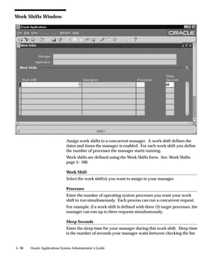 When used, WAIT must be entered before
                   CONCURRENT.
Program            The application shortname of the program. For the
application        DEACTIVATE, ABORT, and VERIFY programs, the
shortname          application shortname is FND.
PROGRAM            To submit the Shutdown All Managers concurrent
                   request, use the program DEACTIVATE.
                   To submit the Shutdown Abort Managers
                   concurrent request, use the program ABORT.
                   To submit the Verify All Managers Status
                   concurrent request, use the program VERIFY.



Example Syntax using CONCSUB
CONCSUB <Username/Password> SYSADMIN ’System Administrator’
 SYSADMIN CONCURRENT FND DEACTIVATE

CONCSUB <Username/Password> SYSADMIN ’System Administrator’
 SYSADMIN CONCURRENT FND ABORT

CONCSUB <Username/Password> SYSADMIN ’System Administrator’
 SYSADMIN CONCURRENT FND VERIFY


Using CONCSUB to shut down your managers
Use CONCSUB to shut down the concurrent managers:
    • before MIS shuts down the operating system
    • before the database administrator shuts down the database
    • when you want concurrent manager and concurrent program
      definitions to take effect
Then, use the STARTMGR command to restart the Internal Concurrent
Manager, which starts the concurrent managers.

Example – nightly shutdown using CONCSUB
You can use the token WAIT with value Y ( WAIT=Y ) if you want to
use CONCSUB to issue a concurrent request from within a shell script
containing a sequence of steps. Using the token WAIT insures the
managers deactivate, abort, or verify status before the shell script
proceeds to the next step.


                                   Managing Concurrent Processing   5– 63
 