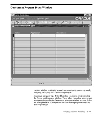 Control Across Nodes
Using the Administer Concurrent Managers form, you can start up,
shut down, restart, and monitor concurrent managers and Internal
Monitor Processes running on multiple nodes from any node in your
parallel concurrent processing environment. You do not need to log
onto a node to control concurrent processing on it. You can also
terminate the Internal Concurrent Manger or any other concurrent
manager from any node in your parallel concurrent processing
environment.

Starting Up Managers
You start up parallel concurrent processing by invoking the
STARTMGR command from the operating system prompt. Regardless
of the node from which you activate the Internal Concurrent Manager,
it starts up on its assigned node (assuming that you operate from a
node whose platform supports remote process startup.)
After the Internal Concurrent Manager starts up, it starts all the
Internal Monitor Processes and all the concurrent managers. It
attempts to start Internal Monitor Processes and concurrent managers
on their primary nodes, and resorts to a secondary node only if a
primary node is unavailable.

Shutting Down Managers
You shut down parallel concurrent processing by issuing a
”Deactivate” command against the Internal Concurrent Manager from
the Administer Concurrent Managers form. All concurrent managers
and Internal Monitor processes are shut down before the Internal
Concurrent Manager shuts down.

Terminating a Concurrent Process
You can terminate a running concurrent process on the local node or on
remote nodes by issuing a ”Terminate” command from the Administer
Concurrent Managers form.
Administer Concurrent Managers: page 5– 83
Controlling the Internal Manager from the Operating System: page
5– 60
Concurrent Managers: page 5– 92

Migrating Managers
Most process migration occurs automatically in response to the failure
or subsequent availability of a primary node. However, you may


                                    Managing Concurrent Processing   5– 71
 