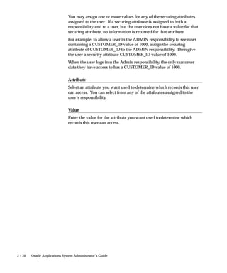 You may assign one or more values for any of the securing attributes
                                assigned to the user. If a securing attribute is assigned to both a
                                responsibility and to a user, but the user does not have a value for that
                                securing attribute, no information is returned for that attribute.
                                For example, to allow a user in the ADMIN responsibility to see rows
                                containing a CUSTOMER_ID value of 1000, assign the securing
                                attribute of CUSTOMER_ID to the ADMIN responsibility. Then give
                                the user a security attribute CUSTOMER_ID value of 1000.
                                When the user logs into the Admin responsibility, the only customer
                                data they have access to has a CUSTOMER_ID value of 1000.

                                Attribute
                                Select an attribute you want used to determine which records this user
                                can access. You can select from any of the attributes assigned to the
                                user’s responsibility.

                                Value
                                Enter the value for the attribute you want used to determine which
                                records this user can access.




2 – 20   Oracle Applications System Administrator’s Guide
 