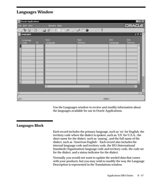 • Apple
                            • DEC LN03
                            • HP Laserjet II, HP Laserjet III, HP Laserjet 4
                            • HP line printer, HP 256X line printer
                            • EPOCH
                            • EPSON FX1050 and DMTX1
                            • QMS PS 825/925
                        Define additional printer drivers if you have different types of printers,
                        or define additional print styles.




Printer Drivers Block
                        See: Controlling Concurrent Managers: page 5 – 57.


                        Name
                        The printer driver name must be unique for a given platform.


                        User Name
                        This user name is referenced by Oracle Applications and must be unique
                        for a given platform.


                        SRW Driver
                        Enter the name of the Oracle Reports (SRW) printer driver, if any, that
                        will be invoked by your printer driver. Only Oracle Reports programs
                        require this information.
                        Enter the entire path to the file, or just the file name. If you enter only
                        the file name, Oracle Applications assumes the file is located in the
                        $FND_TOP/$APPLREP directory.


                        Platform
                        Select the platform for which the printer driver is defined. Do not
                        assign platform codes to printer drivers unless you have multiple
                        drivers of the same name. If it cannot find a specific platform code
                        associated with a driver, the concurrent manager will default to the
                        driver with a null platform code.


                                                                                    Printers   6 – 49
 