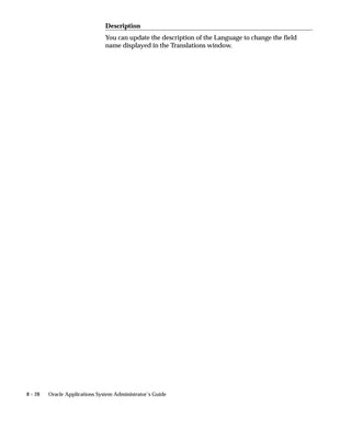 Driver Method Region Select one of three methods by which your printer driver is invoked.
                                Command                 The printer driver executes within an operating
                                                        system shell. An example is the lpr command in
                                                        UNIX.
                                Program                 The printer driver executes directly as a program,
                                                        not through an operating system shell.
                                                        • An example is a C standalone program for
                                                          printing.
                                                        • This method executes faster than the Command
                                                          method, but cannot access shell commands like
                                                          PRINT on MS–DOS.
                                Subroutine              The printer driver executes a predefined Oracle
                                                        Applications routine.
                                                        • An example is the SYS$PRINT routine called on
                                                          the VMS platform.
                                                        • Subroutines are specific to operating platforms
                                                          and are invoked directly by a system call from
                                                          the concurrent manager.

Driver Method
Parameters Region
                                Spool File
                                Select whether the printer driver creates its own copy of a file for
                                printing. If this check box is checked when the Driver Method is set to
                                Program, the print program creates its own spool file.
                                    • An example of spool files is the UNIX lpr command, which
                                      creates its own copy of a file if you do not specify the –s option.

                                Standard Input
                                Select whether the printer driver accepts standard input. Uncheck this
                                check box when the Driver Method is set to Program. Unless the
                                program accepts standard input, this check box should always be
                                unchecked.
                                    • An example is the UNIX command lpr, which accepts standard
                                      input when a filename is not specified.


                                Program Name
                                Select the name of a:


6 – 50   Oracle Applications System Administrator’s Guide
 