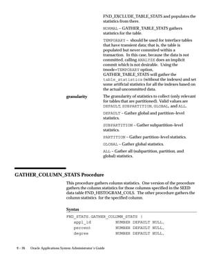 Resource Consumer Groups in Oracle Applications
                    The Database Resource Manager in Oracle8i is used to allocate and
                    manage resources among database users and applications.
                    Resource consumer groups and resource plans provide a method for
                    specifying how to partition processing resources among different users.
                    A resource consumer group defines a set of users who have similar
                    resource usage requirements. An overall resource plan specifies how
                    resources are distributed among the different resource consumer
                    groups.
                    Oracle Applications allows the system administrator to assign
                    individual Oracle Applications users to resource consumer groups. In
                    addition, concurrent programs and concurrent managers can be
                    assigned to resource consumer groups.
                            Note: These resource consumer groups apply to CPU
                            resources only.
                    For additional information, see Oracle8i Concepts and Oracle8i
                    Administrator’s Guide.



Assigning Resource Consumer Groups
                    The system administrator can assign a user to a resource consumer
                    group by setting the value of the user profile option FND:Resource
                    Consumer Group for that particular user. The user can see this profile
                    option but cannot update it. See: User Profiles: page A – 24 .
                    The system administrator can assign a concurrent program to a
                    resource consumer group in the Parameters window of the Define
                    Concurrent Program form. See: Concurrent Programs Parameters
                    Window: page 4 – 76 .
                    The system administrator can assign a concurrent manager to a
                    resource consumer group in the Define Concurrent Manager form. See:
                    Concurrent Managers Window: page 5 – 92.



Hierarchy of Resource Consumer Group Assignments
                    Conflicts can arise between the resource consumer groups associated
                    with a single session. For example, a concurrent manager assigned to
                    one resource consumer group may run a concurrent program assigned
                    to another. A similar situation arises when a user performs a


                                                               Applications DBA Duties   8–7
 