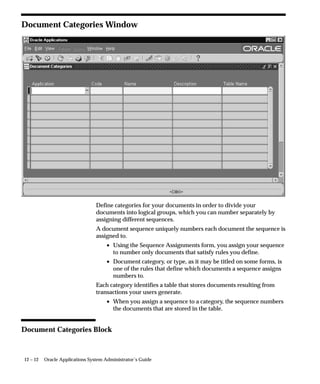 Gather Table Statistics
                                The Gather Table Statistics program gathers the table statistics for the
                                specified table. This program keeps a backup of existing statistics in
                                the FND_STATTAB table before gathering new statistics. This program
                                also gathers the related index statistics by default.
                                This concurrent program attempts to parallelize as much of the work as
                                possible. This operation does not parallelize if the user does not have
                                select privilege on the table being analyzed. If the value of
                                backup_flag is BACKUP then it exports the old statistics using
                                export_table_stats before gathering the new statistics. The
                                exported data is stored in FND_STATTAB. If the value of
                                backup_flag is anything other than BACKUP then the table statistics
                                are not exported.
                                For a detailed description of the procedure used by this concurrent
                                program, see: GATHER_TABLE_STATS Procedure: page 9 – 24.



Parameters

                                Owner Name
                                The owner of the table.

                                Table Name
                                The name of the table.

                                Percent
                                The percentage of the rows to use for the statistics using the estimation
                                technique. NULL means to use exact computation. The valid range is
                                from 0 to 99.

                                Degree
                                The degree of parallelism. NULL means to use the table default value.

                                Partition Name
                                The name of the partition.

                                Backup Flag
                                The backup flag indicates whether to backup statistics. Set this flag to
                                BACKUP to back up your statistics.


9 – 10   Oracle Applications System Administrator’s Guide
 