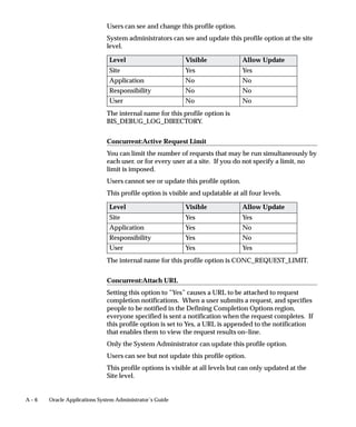 FND_EXCLUDE_TABLE_STATS and populates the
                                                        statistics from there.
                                                        NORMAL – GATHER_TABLE_STATS gathers
                                                        statistics for the table.
                                                        TEMPORARY – should be used for interface tables
                                                        that have transient data; that is, the table is
                                                        populated but never commited within a
                                                        transaction. In this case, because the data is not
                                                        committed, calling ANALYZE does an implicit
                                                        commit which is not desirable. Using the
                                                        tmode=TEMPORARY option,
                                                        GATHER_TABLE_STATS will gather the
                                                        table_statistics (without the indexes) and set
                                                        some artificial statistics for all the indexes based on
                                                        the actual uncommitted data.
                                granularity             The granularity of statistics to collect (only relevant
                                                        for tables that are partitioned). Valid values are
                                                        DEFAULT, SUBPARTITION, GLOBAL, and ALL.
                                                        DEFAULT – Gather global and partition–level
                                                        statistics.
                                                        SUBPARTITION – Gather subpartition–level
                                                        statistics.
                                                        PARTITION – Gather partition–level statistics.
                                                        GLOBAL – Gather global statistics.
                                                        ALL – Gather all (subpartition, partition, and
                                                        global) statistics.



GATHER_COLUMN_STATS Procedure
                                This procedure gathers column statistics. One version of the procedure
                                gathers the column statistics for those columns specified in the SEED
                                data table FND_HISTOGRAM_COLS. The other procedure gathers the
                                column statistics for the specified column.

                                Syntax
                                FND_STATS.GATHER_COLUMN_STATS (
                                   appl_id          NUMBER DEFAULT NULL,
                                   percent          NUMBER DEFAULT NULL,
                                   degree           NUMBER DEFAULT NULL,


9 – 26   Oracle Applications System Administrator’s Guide
 