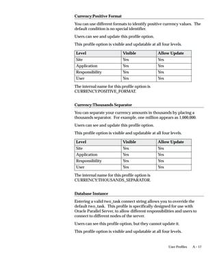 When a profile option may be set at more than one level, site has the
                      lowest priority, superseded by application, then responsibility, with
                      user having the highest priority. For example, a value entered at the
                      site level may be overridden by values entered at any other level. A
                      value entered at the user level has the highest priority, and overrides
                      values entered at any other level.
                      For example, for a given user, assume the printer option is set only at
                      the site and responsibility levels. When the user logs on, the printer
                      option assumes the value set at the responsibility level, since it is the
                      highest–level setting for the option.
                              Suggestion: As System Administrator, you should set
                              site–level option values before specifying profile options at the
                              other three levels after the installation of Oracle Applications.
                              The options specified at the site–level work as defaults until the
                              same options are specified at the other levels.
                      Application users may use the Personal Profile Values window to set
                      their own personal profile options at the user level. Not all profile
                      options are visible to users, and some profile options, while visible,
                      may not be updated by end users.


See Also

                      Setting Your Personal User Profile, Oracle Applications User’s Guide



Using Profile Options as a Parameter or Segment Default Value
                      Profile option settings may be used as a default value for a concurrent
                      program’s parameter or flexfield’s segment. The following table lists
                      the forms you may use to enter a profile option whose setting serves as
                      a default value.
                      To use a profile option’s setting as a default value, navigate to the
                      form’s Default Type field and select Profile. Then, enter the profile
                      option’s internal name in the Default Value field.




                                                                             User Profiles    10 – 3
 