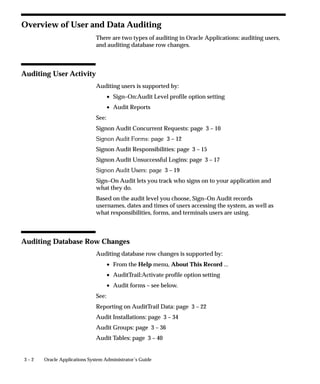 Active Users Report
                                This report shows all the usernames that are both currently active and
                                have at least one active responsibility. It also displays all the
                                responsibilities that users can access, and the start and end dates when
                                they can access each responsibility.



Report Parameters
                                None.



Report Heading
                                The report heading displays the name of the report, the date that the
                                report was run, and the page number.



Column Headings

                                User Name
                                The Oracle Applications name of the currently active user. The start
                                and end dates that you specify in the Users window determine whether
                                a username is currently active.

                                Application Name
                                The name of the application associated with the responsibility.

                                Responsibility Name
                                The name of the currently active responsibility.

                                Start Date
                                The date when the user can begin accessing the responsibility. You can
                                specify a start date when you assign the responsibility to the user in the
                                Responsibilities block of the Users window.

                                End Date
                                The date when the user can no longer access the responsibility. You
                                specify an end date when you assign the responsibility to the user in
                                Responsibilities block of the Users window.


2 – 46   Oracle Applications System Administrator’s Guide
 