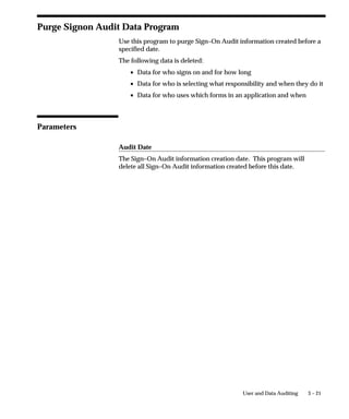 Form Name
                                The name of the form that the user accessed. The form name displays
                                only if you audited the user at the form Sign–on Audit level.




3 – 14   Oracle Applications System Administrator’s Guide
 