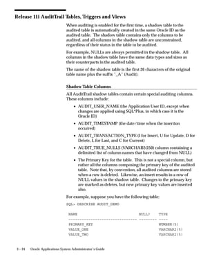 From Active Date/To Active Date
                                Search for information about responsibilities accessed by users within a
                                specific time period and that meet your other search criteria. Use these
                                parameters to specify the start and end of your time period. If you
                                leave these parameters blank, your report contains responsibilities
                                accessed from any date that also meet your other search criteria to the
                                current date for this parameter.



Report Heading
                                The report heading displays the search criteria you entered as
                                parameter values.



Column Headings

                                Username
                                The Oracle Applications username of the user who selected the form.
                                Use the Users form to view detail information about an application
                                user. See: Users: page 2 – 16.

                                Login Name
                                The operating system login name of the user who selected the
                                responsibility.

                                Terminal Name
                                The operating system ID of the terminal from which the user selected
                                the responsibility.

                                Responsibility Name
                                The name of the responsibility the user used. The responsibility
                                displays only if you audited the user at the responsibility or form
                                Sign–on Audit level. Use the Responsibilities form to view detailed
                                information about a responsibility. See: Responsibilities: page 2 – 9.

                                Start Active Time/End Active Time
                                The dates and times when the user selected/exited the responsibility.
                                The start active time and end active time display only if you audited
                                the user at the responsibility or form Sign–On Audit level.


3 – 16   Oracle Applications System Administrator’s Guide
 