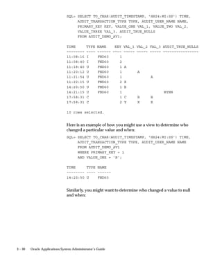 Purge Signon Audit Data Program
                 Use this program to purge Sign–On Audit information created before a
                 specified date.
                 The following data is deleted:
                     • Data for who signs on and for how long
                     • Data for who is selecting what responsibility and when they do it
                     • Data for who uses which forms in an application and when



Parameters

                 Audit Date
                 The Sign–On Audit information creation date. This program will
                 delete all Sign–On Audit information created before this date.




                                                            User and Data Auditing   3 – 21
 