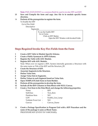 45
Note: FND_FLEX.EVENT is a common Built‐In used to invoke DFF and KFF. 
13 Save  and  Compile  the  form  and  copy  .fmx  file  in  to  module  specific  forms 
directory. 
14 Perform all the prerequisites to register the form. 
To Enable the DFF 
     Go to Flex Field 
    Descriptive 
      Segments  
 
 
 
 
 
 
 
Steps Required Invoke Key Flex Fields from the Form 
 
1 Create a KFF Table in Module Specific Schema. 
2 Create a Public Synonym in APPS Schema. 
3 Register the Table with AOL Module. 
4 Register KFF with AOL Module. 
Note: When ever we register a KFF, System internally generates a Structure with 
the same name as Title of the KFF and the Structure_ID. 
5 Create the Structure of KFF. 
6 Associate Segments to the Structure. 
7 Define Value Sets. 
8 Assign Value Sets to Segments. 
9 Define Values to each Segment based on Value Sets. 
10 Open TEMPLATE.fmb Form in Form Builder. 
11 Perform all the prerequisites to develop the form. 
12 Include all the KFF Columns in Data Block with NULL Canvas. 
13 Create a Text Item in the Data Block and change the following properties. 
Name     :   KFF 
SubClass    :  Text_Item 
Database Item  :  NO 
LOV      :  Enable_List_Lamp 
Validate From List   :  NO 
Canvas    :  Canvas_Name 
 
14 Create a Package Specification in Program Unit with a KFF Procedure and the 
name of the package is same as Block Name. 
PROCEDURE KFF (EVENT IN VARCHAR2); 
To see the Enable DFF
Go to Forms
Click on DFF Button
Open the DFF Window with Invoked Fields
 