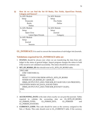 70
Q:   How  do  we  can  find  the  Set  Of  Books,  Flex  Fields,  Open/Close  Periods, 
Category and Sources? 
In AOL Module 
Setup 
Financials 
    Books 
          Define
In AOL Module 
     Setup 
  Flex Fields 
          Define 
In AOL Module 
     Setup 
  Open Close 
          Latest Open Periods
In AOL Module 
     Setup 
  Journal 
          Category
In AOL Module 
     Setup 
  Journal 
          Sources 
 
 
GL_INTERFACE: It is used to convert the transactions of sub‐ledger into Journals.  
 
Validations required for GL_INTERFACE table are 
1. STATUS:  should  be  always  new  when  we  are  transferring  the  data  from  sub‐
ledger to the status of general ledger. Import program changes the status to hold 
if the record is not validated successfully. The status should be in sentence case. 
2. SET_OF_BOOKS_ID: this should exist in GL_SETS_OF_BOOKS table. 
DECLARE 
     CHK VARCHAR2 (1); 
BEGIN 
     SELECT ʹXʹ INTO CHK FROM APPS.GL_SETS_OF_BOOKS 
     WHERE SET_OF_BOOKS_ID = &SOB_ID; 
     DBMS_OUTPUT.PUT_LINE (ʹTHIS SOB_ID VALID YOU CAN PROCEEDʹ); 
EXCEPTION WHEN NO_DATA_FOUND THEN 
     DBMS_OUTPUT.PUT_LINE (ʹTHIS SOB_ID IS NOT VALIDʹ); 
END; 
/ 
 
3. ACCOUNTING_DATE: is the date when exactly we can post the journals. Tables 
required  to  validate  the  accounting  date  are  GL_SETS_OF_BOOKS, 
GL_PERIOD_TYPES,  GL_PERIOD_SETS,  GL_PERIODS  and 
GL_PERIOD_STATUSES. 
4. CURRENCY_CODE: This code should be same as the currency assigned to the 
Sets o f Books. This code should exist in GL_CURRENCY table. If the currency 
 