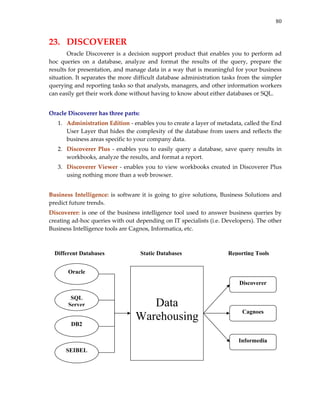 80
23.  DISCOVERER 
Oracle Discoverer is a decision support product that enables you to perform ad 
hoc  queries  on  a  database,  analyze  and  format  the  results  of  the  query,  prepare  the 
results for presentation, and manage data in a way that is meaningful for your business 
situation. It separates the more difficult database administration tasks from the simpler 
querying and reporting tasks so that analysts, managers, and other information workers 
can easily get their work done without having to know about either databases or SQL. 
 
Oracle Discoverer has three parts: 
1. Administration Edition ‐ enables you to create a layer of metadata, called the End 
User Layer that hides the complexity of the database from users and reflects the 
business areas specific to your company data. 
2. Discoverer Plus ‐ enables you to easily query a database, save query results in 
workbooks, analyze the results, and format a report. 
3. Discoverer Viewer ‐ enables you to view workbooks created in Discoverer Plus 
using nothing more than a web browser. 
 
Business Intelligence: is software it is going to give solutions, Business Solutions and 
predict future trends. 
Discoverer: is one of the business intelligence tool used to answer business queries by 
creating ad‐hoc queries with out depending on IT specialists (i.e. Developers). The other 
Business Intelligence tools are Cagnos, Informatica, etc. 
 
 
 
 
 
 
 
 
 
 
 
 
 
Oracle
SQL
Server
DB2
SEIBEL
Data
Warehousing
Discoverer
Cagnoes
Informedia
Different Databases Static Databases Reporting Tools
 