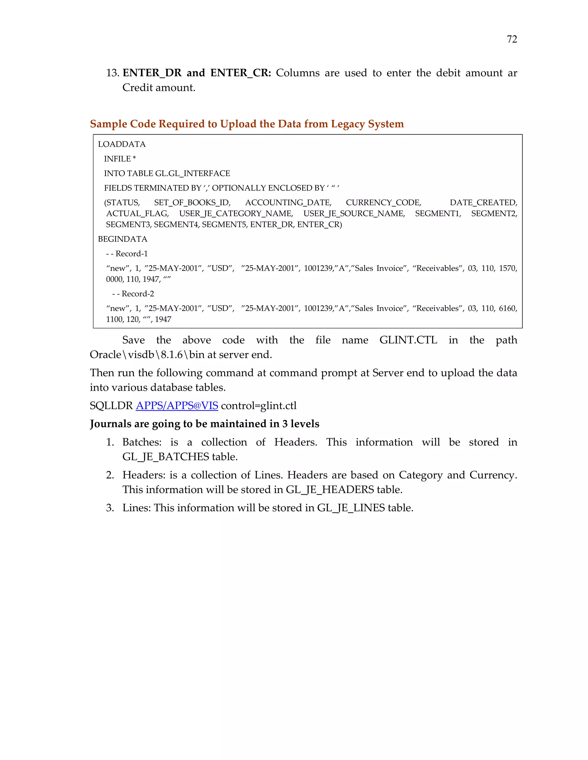 72
13. ENTER_DR  and  ENTER_CR:  Columns  are  used  to  enter  the  debit  amount  ar 
Credit amount. 
 
Sample Code Required to Upload the Data from Legacy System 
LOADDATA 
   INFILE * 
   INTO TABLE GL.GL_INTERFACE 
   FIELDS TERMINATED BY ‘,’ OPTIONALLY ENCLOSED BY ‘ “ ‘ 
   (STATUS, 
SET_OF_BOOKS_ID, 
ACCOUNTING_DATE, 
CURRENCY_CODE, 
 
DATE_CREATED, 
ACTUAL_FLAG,  USER_JE_CATEGORY_NAME,  USER_JE_SOURCE_NAME,  SEGMENT1,  SEGMENT2, 
SEGMENT3, SEGMENT4, SEGMENT5, ENTER_DR, ENTER_CR) 
BEGINDATA 
    ‐ ‐ Record‐1 
  “new”,  1,  ”25‐MAY‐2001”,  ”USD”,    ”25‐MAY‐2001”,  1001239,”A”,”Sales  Invoice”,  “Receivables”,  03,  110,  1570, 
0000, 110, 1947, “” 
       ‐ ‐ Record‐2 
  “new”,  1,  ”25‐MAY‐2001”,  ”USD”,    ”25‐MAY‐2001”,  1001239,”A”,”Sales  Invoice”,  “Receivables”,  03,  110,  6160, 
1100, 120, “”, 1947 

Save  the  above  code  with  the  file  name  GLINT.CTL  in  the  path 
Oraclevisdb8.1.6bin at server end. 
Then run the following command at command prompt at Server end to upload the data 
into various database tables. 
SQLLDR APPS/APPS@VIS control=glint.ctl  
Journals are going to be maintained in 3 levels 
1. Batches:  is  a  collection  of  Headers.  This  information  will  be  stored  in 
GL_JE_BATCHES table. 
2. Headers:  is  a  collection  of  Lines.  Headers  are  based  on  Category  and  Currency. 
This information will be stored in GL_JE_HEADERS table. 
3. Lines: This information will be stored in GL_JE_LINES table. 
 
 

 