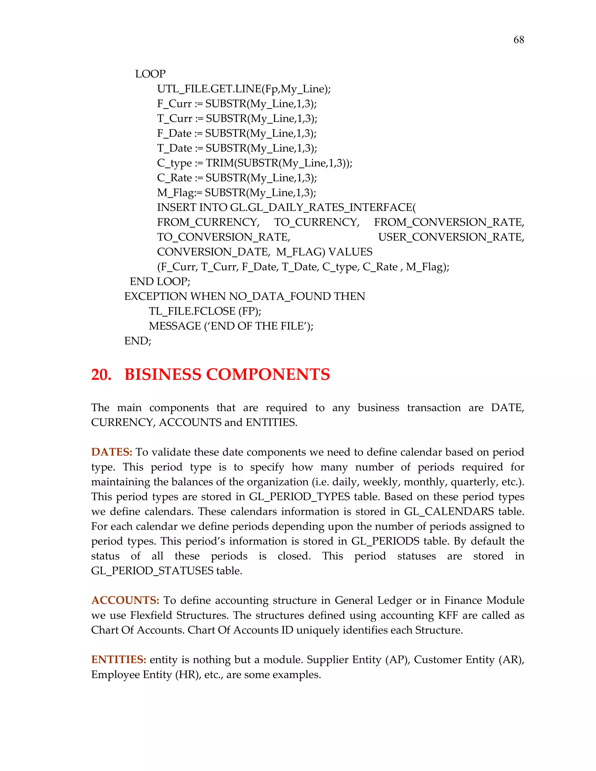 68

 
 
 
 

    LOOP 
 
UTL_FILE.GET.LINE(Fp,My_Line); 
 
F_Curr := SUBSTR(My_Line,1,3); 
 
T_Curr := SUBSTR(My_Line,1,3); 
 
F_Date := SUBSTR(My_Line,1,3); 
 
T_Date := SUBSTR(My_Line,1,3); 
 
C_type := TRIM(SUBSTR(My_Line,1,3)); 
 
C_Rate := SUBSTR(My_Line,1,3); 
 
M_Flag:= SUBSTR(My_Line,1,3); 
 
INSERT INTO GL.GL_DAILY_RATES_INTERFACE( 
FROM_CURRENCY,  TO_CURRENCY,  FROM_CONVERSION_RATE, 
TO_CONVERSION_RATE, 
USER_CONVERSION_RATE, 
CONVERSION_DATE,  M_FLAG) VALUES 
(F_Curr, T_Curr, F_Date, T_Date, C_type, C_Rate , M_Flag); 
  END LOOP; 
EXCEPTION WHEN NO_DATA_FOUND THEN 
         TL_FILE.FCLOSE (FP); 
         MESSAGE (‘END OF THE FILE’); 
END; 
 

20.  BISINESS COMPONENTS 
 
The  main  components  that  are  required  to  any  business  transaction  are  DATE, 
CURRENCY, ACCOUNTS and ENTITIES. 
 
DATES: To validate these date components we need to define calendar based on period 
type.  This  period  type  is  to  specify  how  many  number  of  periods  required  for 
maintaining the balances of the organization (i.e. daily, weekly, monthly, quarterly, etc.). 
This  period  types  are  stored  in  GL_PERIOD_TYPES  table.  Based  on  these  period  types 
we  define  calendars.  These  calendars  information  is  stored  in  GL_CALENDARS  table. 
For each calendar we define periods depending upon the number of periods assigned to 
period  types.  This  period’s  information  is  stored  in  GL_PERIODS  table.  By  default  the 
status  of  all  these  periods  is  closed.  This  period  statuses  are  stored  in 
GL_PERIOD_STATUSES table. 
 
ACCOUNTS:  To  define  accounting  structure  in  General  Ledger  or  in  Finance  Module 
we  use  Flexfield  Structures.  The  structures  defined  using  accounting  KFF  are  called  as 
Chart Of Accounts. Chart Of Accounts ID uniquely identifies each Structure. 
 
ENTITIES: entity is nothing but a module. Supplier Entity (AP), Customer Entity (AR), 
Employee Entity (HR), etc., are some examples. 
 

 