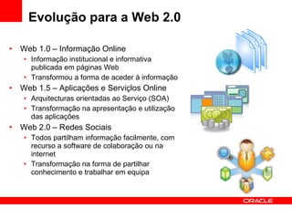 Evolução para a Web 2.0  Web 1.0 – Informação Online Informação institucional e informativa publicada em páginas Web Transformou a forma de aceder à informação Web 1.5 – Aplicações e Serviçlos Online Arquitecturas orientadas ao Serviço (SOA) Transformação na apresentação e utilização das aplicações Web 2.0 – Redes Sociais  Todos partilham informação facilmente, com recurso a software de colaboração ou na internet Transformação na forma de partilhar conhecimento e trabalhar em equipa 
