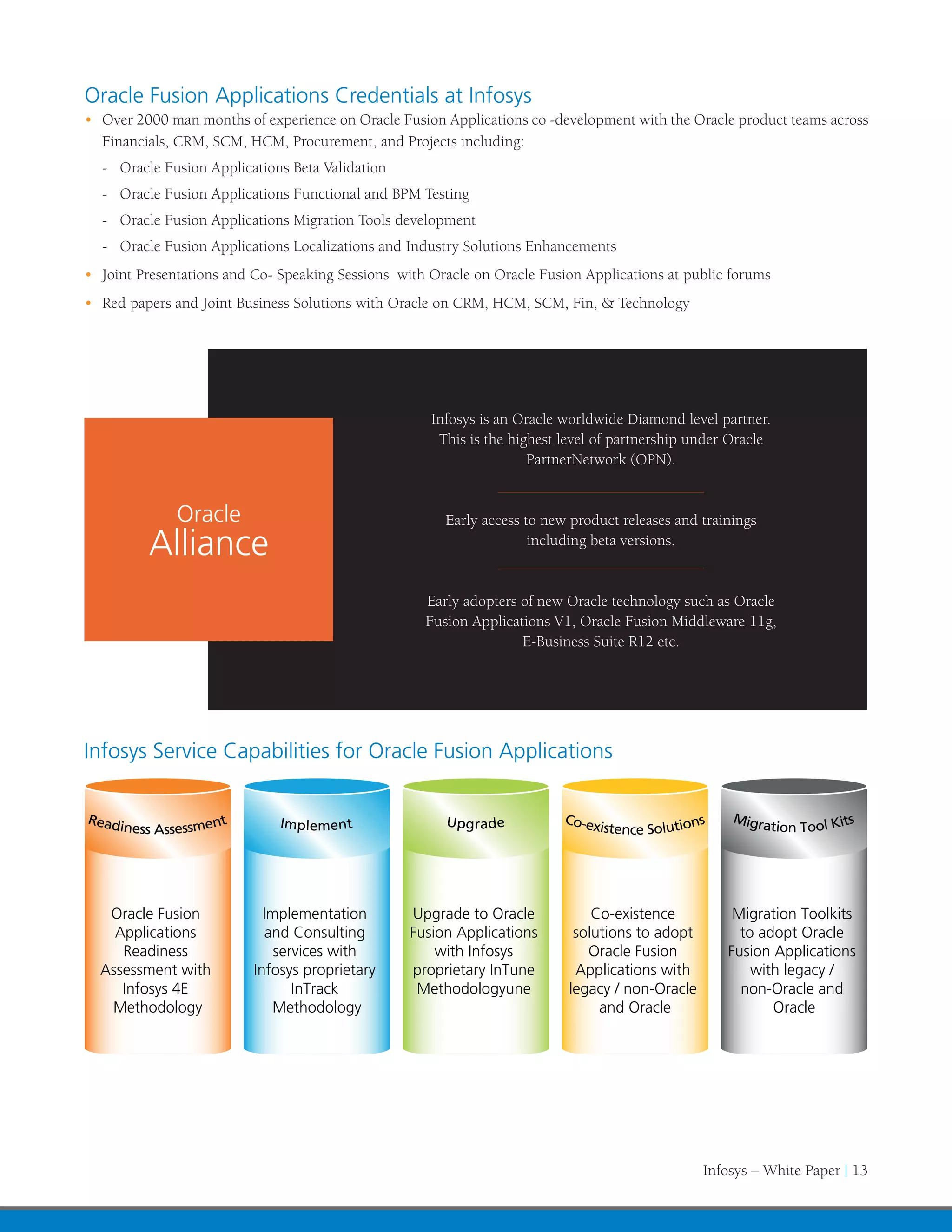 Oracle Fusion Applications Credentials at Infosys
•	 Over 2000 man months of experience on Oracle Fusion Applications co -development with the Oracle product teams across
   Financials, CRM, SCM, HCM, Procurement, and Projects including:
  -	 Oracle Fusion Applications Beta Validation
  -	 Oracle Fusion Applications Functional and BPM Testing
  -	 Oracle Fusion Applications Migration Tools development
  -	 Oracle Fusion Applications Localizations and Industry Solutions Enhancements
•	 Joint Presentations and Co- Speaking Sessions with Oracle on Oracle Fusion Applications at public forums
•	 Red papers and Joint Business Solutions with Oracle on CRM, HCM, SCM, Fin, & Technology




                                                      Infosys is an Oracle worldwide Diamond level partner.
                                                       This is the highest level of partnership under Oracle
                                                                      PartnerNetwork (OPN).


              Oracle                                    Early access to new product releases and trainings
          Alliance                                                    including beta versions.


                                                     Early adopters of new Oracle technology such as Oracle
                                                     Fusion Applications V1, Oracle Fusion Middleware 11g,
                                                                    E-Business Suite R12 etc.




Infosys Service Capabilities for Oracle Fusion Applications




   Oracle Fusion            Implementation        Upgrade to Oracle            Co-existence           Migration Toolkits
    Applications            and Consulting        Fusion Applications       solutions to adopt         to adopt Oracle
     Readiness                services with           with Infosys            Oracle Fusion          Fusion Applications
  Assessment with         Infosys proprietary     proprietary InTune        Applications with            with legacy /
     Infosys 4E                  InTrack           Methodologyune          legacy / non-Oracle         non-Oracle and
   Methodology                Methodology                                       and Oracle                  Oracle




                                                                                                 Infosys – White Paper | 13
 